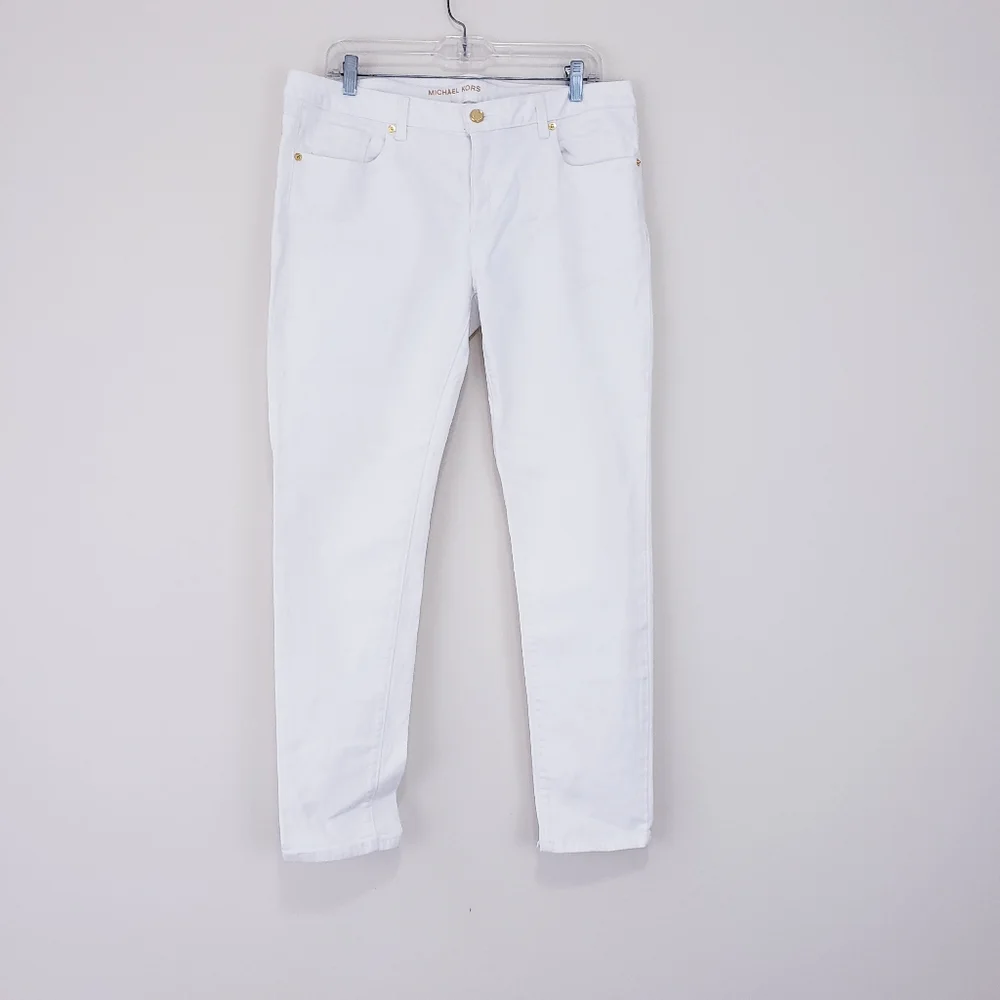 Michael Kors Selma Skinny Jeans White Mid Rise Gold Hardware Size 12 Classy